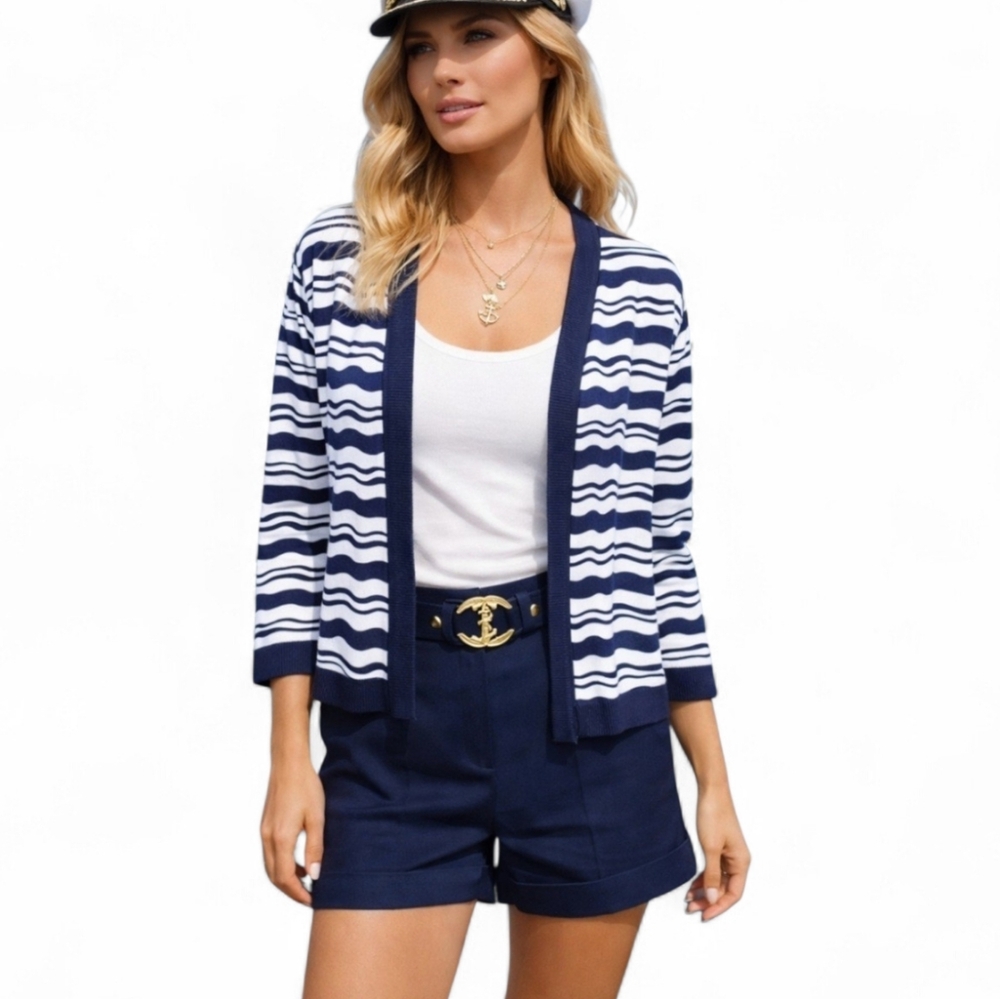 ANN TAYLOR Size Medium Navy White Stripe Cropped Open Front Cardigan Sweater NEW